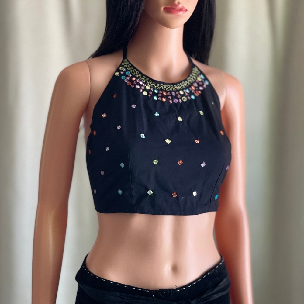 Black Cotton Halter Crop Top Mirror Beaded Embellished Boho‎ Hippie Festival OS